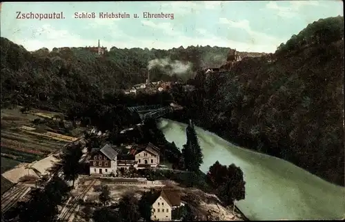 Ak Kriebstein Mittelsachsen, Talpartie mit Bahnhof, Blick nach Schloss Kriebstein, Ehrenberg