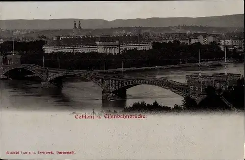 Ak Koblenz am Rhein, Teilansicht mit Eisenbahnbrücke