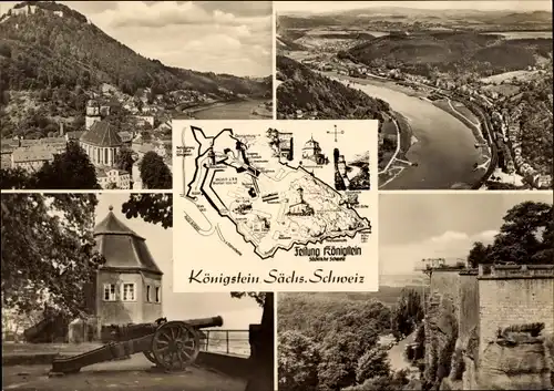 Ak Königstein an der Elbe Sächsische Schweiz, Ortsansicht, Luftaufnahme, Kanone, Festung