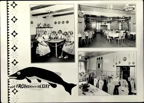 Ak Lehde Lübbenau im Spreewald, HOG Zum fröhlichen Hecht, Gastraum, Spreewälderinnen in Tracht