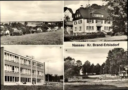 Ak Nassau Frauenstein im Erzgebirge, Teilansicht, Rat der Gemeinde, Kindergarten, Freibad