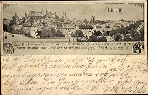 Ak Nürnberg in Mittelfranken, Wappen, Panorama, Gedicht