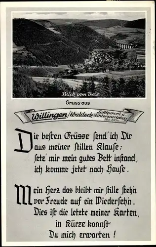 Ak Willingen im Upland Waldeck Hessen, Panorama, Blick vom Treis, Gedicht