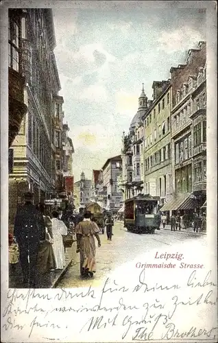 Ak Leipzig, Blick in die Grimmaische Straße, Straßenbahn, Geschäfte