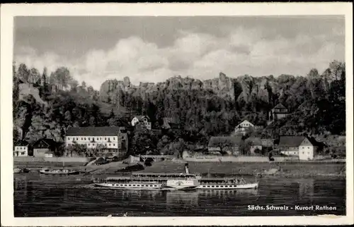 Ak Rathen an der Elbe Sächsische Schweiz, Teilansicht, Dampfer