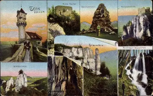 Ak Owen unter Teck Württemberg, Burg Teck, Neidlinger Wasserfall, Wielandstein, Höhle