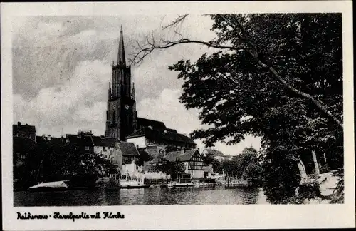 Ak Rathenow im Havelland, Havelpartie mit Kirche