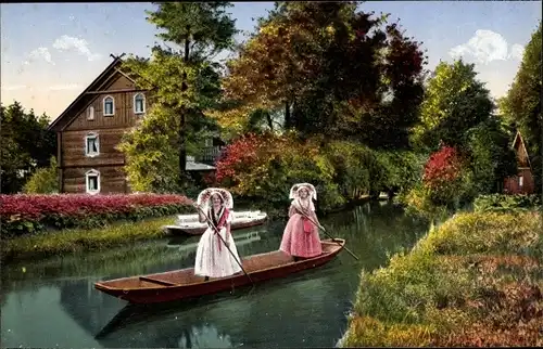 Ak Lehde Lübbenau im Spreewald, Zum fröhlichen Hecht, Spreewälderinnen, Kahn