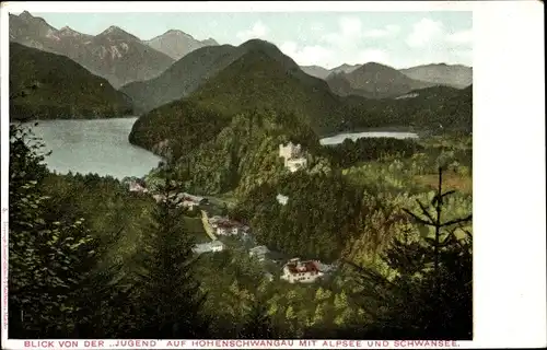 Ak Hohenschwangau Schwangau im Ostallgäu, Blick von der Jugend auf den Ort, Alpsee, Schwansee