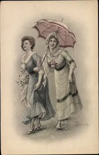 Künstler Ak Zwei Frauen unter einem Regenschirm