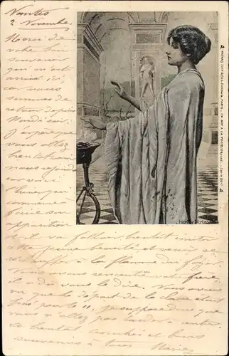 Künstler Ak Pythia am Dreifuß, Wahrsagerin im Tempel