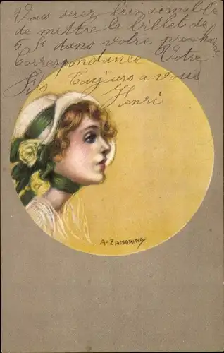 Künstler Ak Zandrina, A., Portrait einer Frau mit Hut