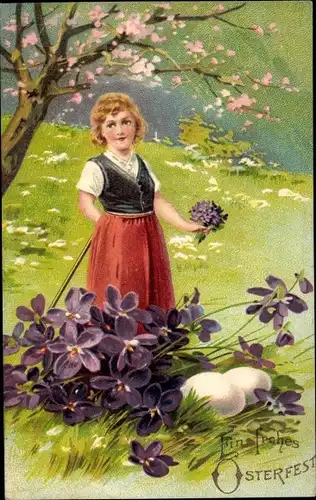 Präge Litho Glückwunsch Ostern, Mädchen mit Veilchen, Eier