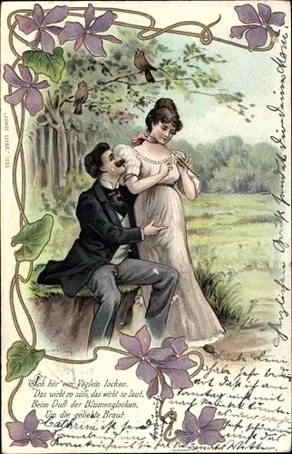 Litho Ich hör ein Vöglein locken, Liebespaar, Blüten