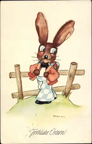 Künstler Ak Wichmann, Glückwunsch Ostern, Osterhase mit Rückentrage voller Eiern