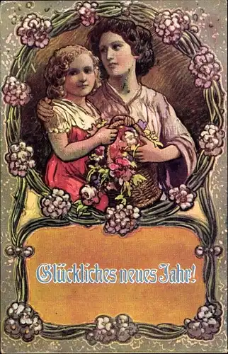 Ak Glückwunsch Neujahr, Frau mit Mädchen, Blumenkorb