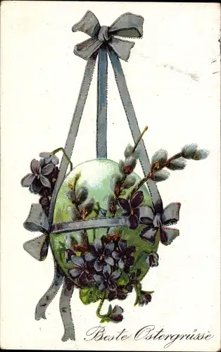 Ak Glückwunsch Ostern, Osterei, Veilchen, Weidenkätzchen
