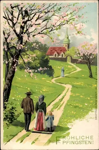 Künstler Litho Mailick, Glückwunsch Pfingsten, Familie geht in die Kirche, Baumblüte