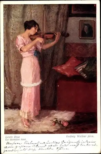 Künstler Ak Wollner, Hedwig, Letzte Rose, Frau spielt Geige