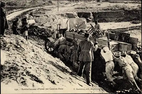 Ak Marokko, Ravitaillement d'hiver par Camion Auto, Soldaten schieben einen LKW