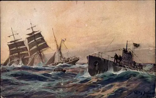 Künstler Ak Stöwer, Willy, Deutsches U Boot versenkt französische Bark im Atlantik, I. WK