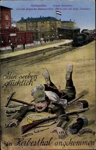 Ak Herbesthal Lontzen Wallonien Lüttich, Bahnhof, Gleisseite, Dampflok, Deutscher Soldat
