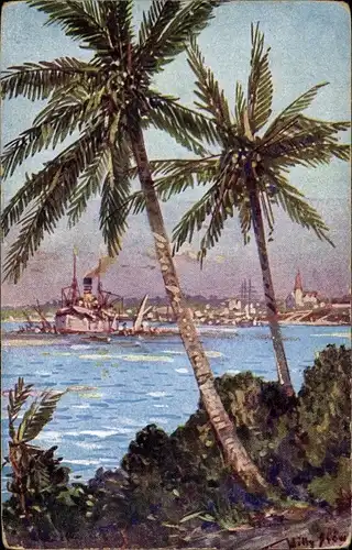 Künstler Ak Stöwer, Willy, Daressalam Tansania, Kriegsschiff, Palmen, Kolonialkriegerdank
