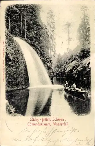 Ak Hřensko Herrnskretschen Elbe Region Aussig, Edmundsklamm, Wasserfall, Boot