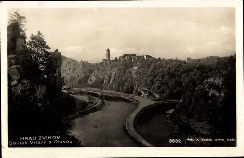 Ak Zvíkovské Podhradí Südböhmen, Hrad Zvikov, Burg Klingenberg, Soutok Vitavy s Otavou