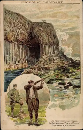 Litho Isle of Staffa Schottland, Fingal's Cave, la Chasse au Mouettes, Reklame, Chocolat Lombart