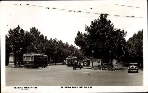 Ak St Kilda Melbourne Australien, Straßenpartie, Straßenbahnen