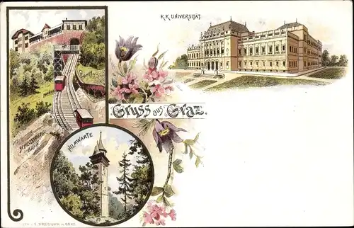 Litho Graz Steiermark, K. K. Universität, Schlossbergbahn, Standseilbahn, Hilmwarte