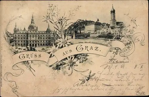 Ak Graz Steiermark, Ort von der Ferdinandsbrücke gesehen, Rathaus