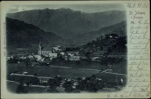 Mondschein Ak Sankt Johann im Pongau in Salzburg, Gesamtansicht der Ortschaft, Kirche