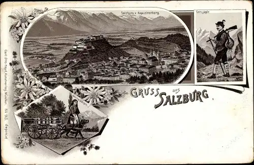 Litho Salzburg in Österreich, Panorama vom Ort, Wanderer, Arbeitshund, Edelweiß, Milchhandel
