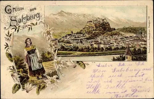 Litho Salzburg in Österreich, Totalansicht, österreichische Trachten