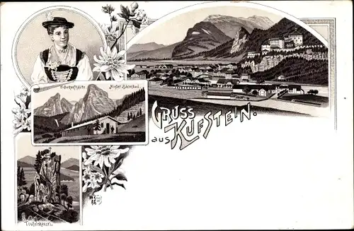 Litho Kufstein in Tirol, Tiroler Tracht, Edelweiß, Panorama vom Ort, Berghütte