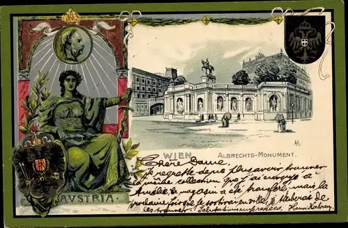 Präge Wappen Ak Wien, Albrechts-Monument, Herrscherin mit Schwert