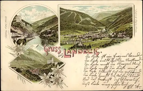 Litho Landeck in Tirol, Edelweiß, Panorama vom Ort