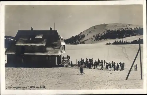 Ak Bernau im Schwarzwald, Herzogenhorn, Gasthaus, Winteransicht, Skifahrer