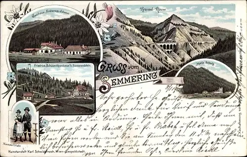Litho Semmering Steiermark, Maria Schulz, Trachten, Gasthaus, Brücke