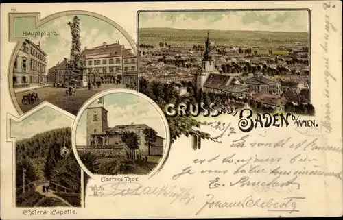Litho Baden bei Wien in Niederösterreich, Hauptplatz, Eisernes Tor, Cholera-Kapelle