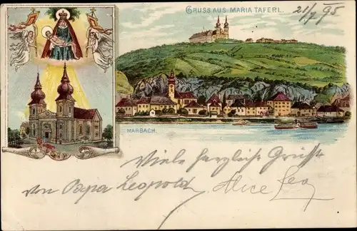Vorläufer Litho Maria Taferl Marbach Niederösterreich, Gesamtansicht des Ortes, Kirche, Marienbild