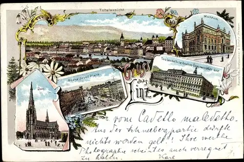Litho Linz an der Donau Oberösterreich, Franz-Josef-Platz, Dom, Museum, Totalansicht