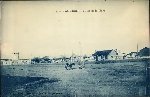 Ak Taourirt Marokko, Villas de la Gare, Häuser am Bahnhof, Esel