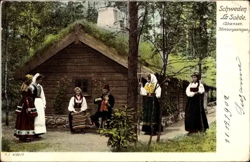 Ak Schweden, Skansen, Körnborgastugan, schwedische Trachten