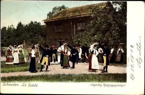 Ak Schweden, Skansen, Rospiggspolska, schwedische Trachten