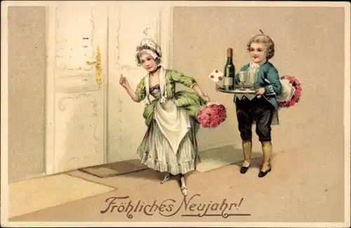 Ak Glückwunsch Neujahr, Frau mit Blumenstrauß, Junge mit Tablett