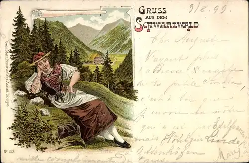 Litho Gruß aus dem Schwarzwald, Frau in Tracht mit Bommelhut