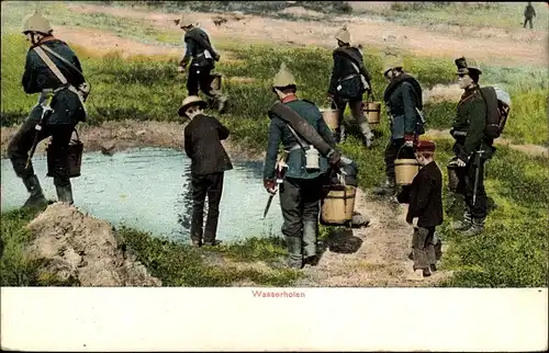 Ak Gruß aus dem Manöver, Sächsische Jäger beim Wasserholen